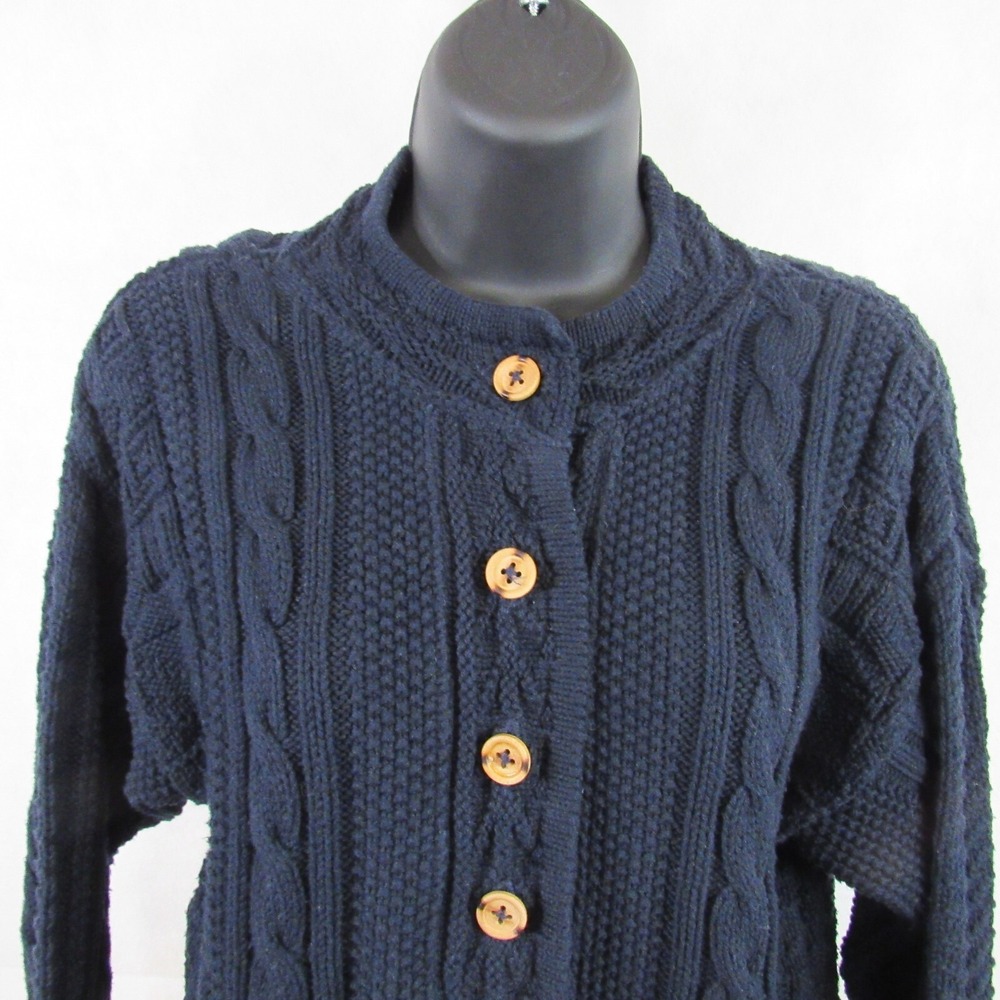 VTG LL Bean Navy Blue Crew Neck Cable Knit Cardigan 100% Cotton Women XS